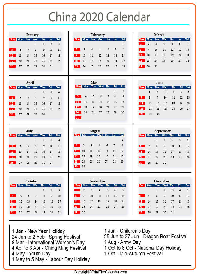 China Calendar 2020